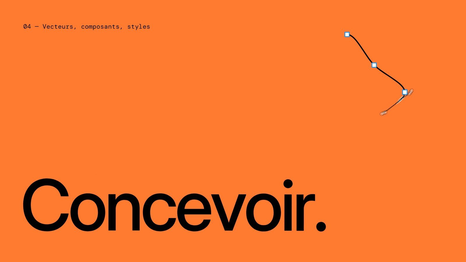 « Concevoir. » sur fond orange, avec une courbe en cours de tracé