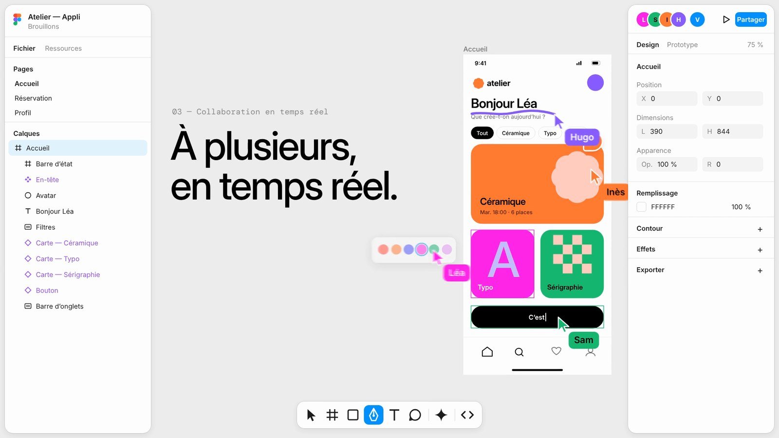 « À plusieurs, en temps réel » : plusieurs curseurs sur une maquette d’application