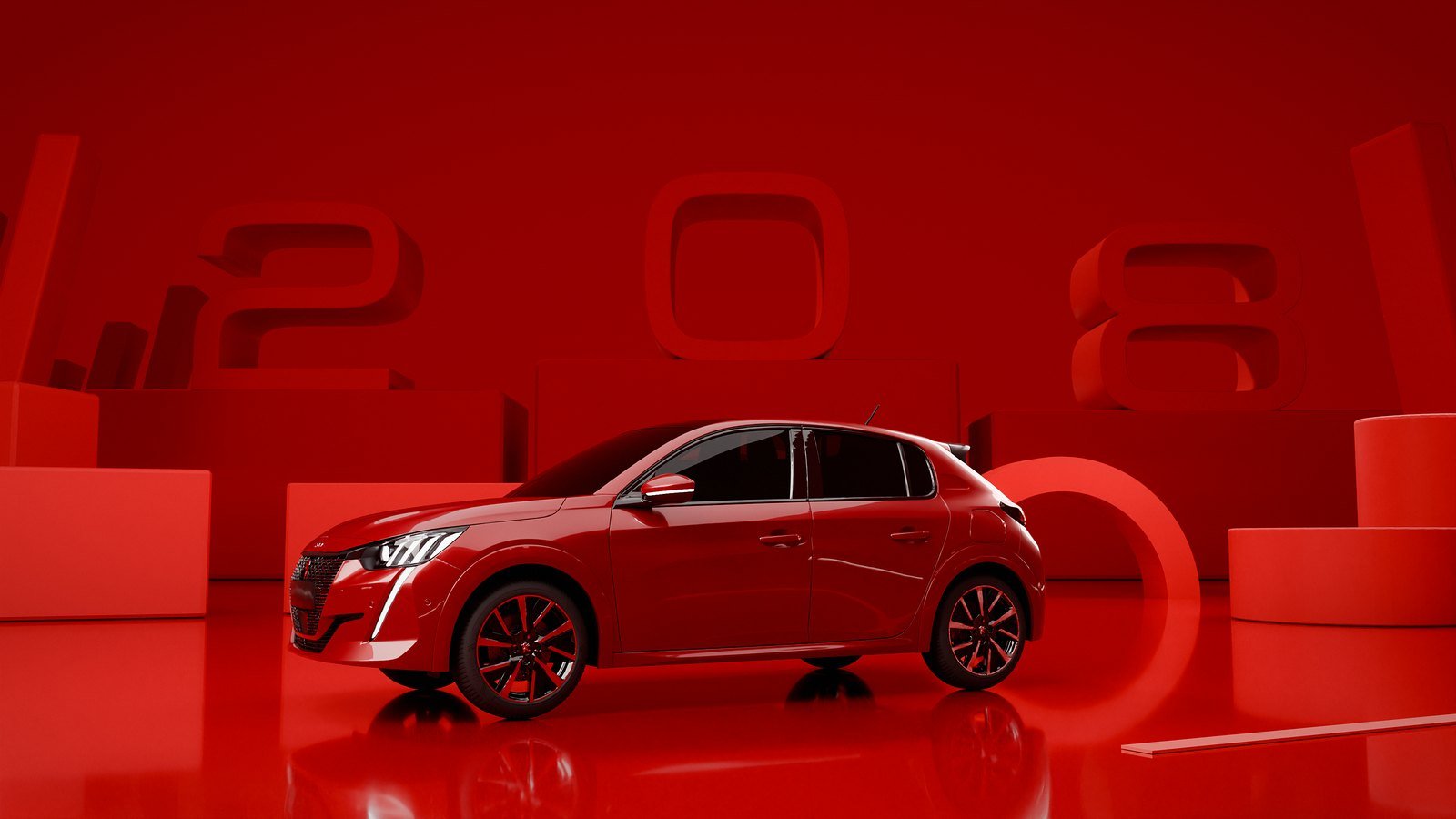 Affiche de la campagne : la Peugeot 208 GT de profil devant les chiffres 2, 0 et 8 en volume