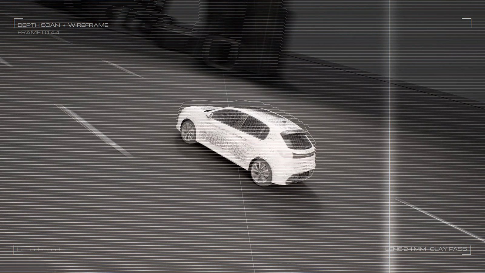 Passage en rendu filaire, voiture blanche sur fond gris